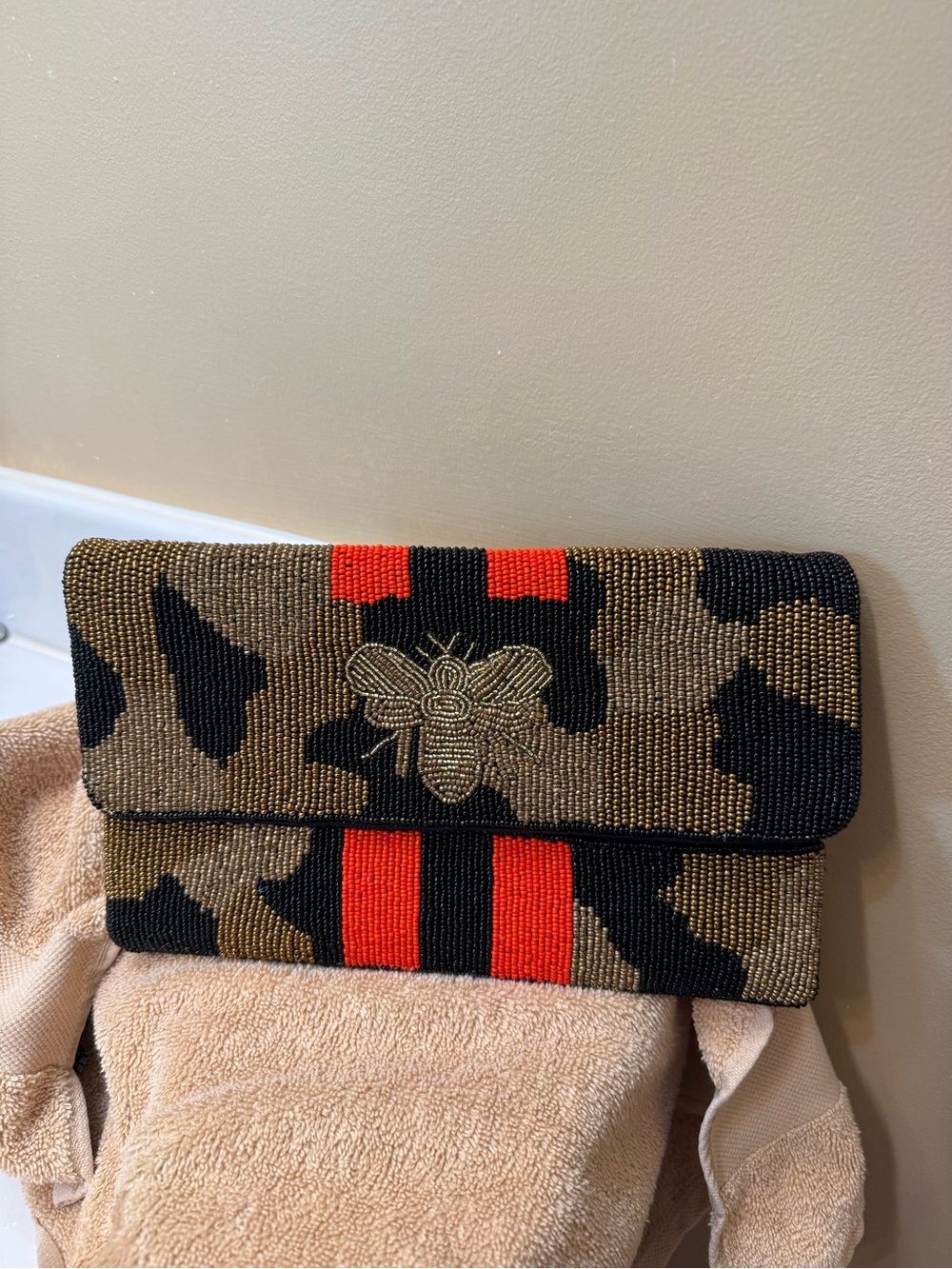 Source Unknown Beaded Camouflage Clutch with Black and Brown and Red Accents